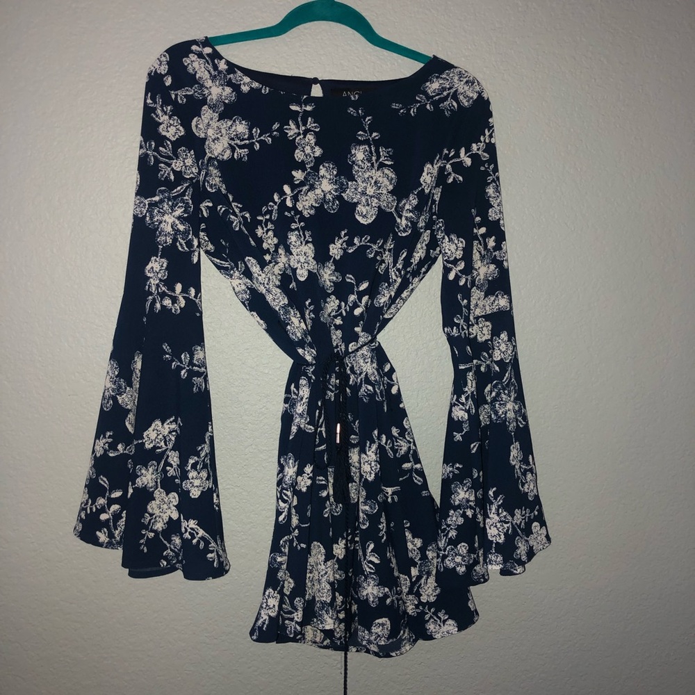 ANGL Long Sleeve Navy Blue Dress w/ White Floaral